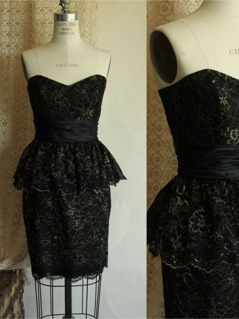 Vintage 2000s Betsey Johnson Dress, New, Size 6 Black and Gold, Peplum, NWT Remo